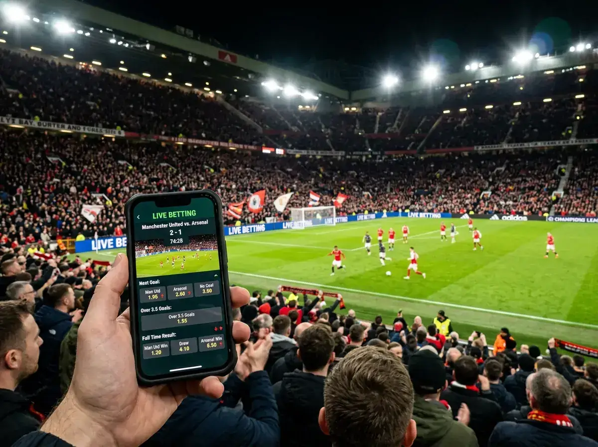 Fotbollsplan med livebetting-överlägg på skärm