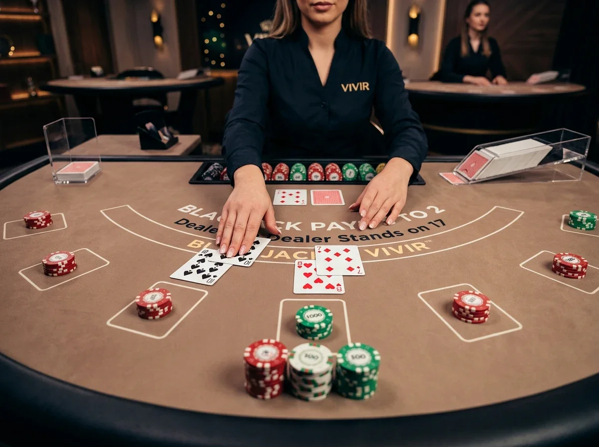 Live blackjack-bord med dealer och kortlek i studion