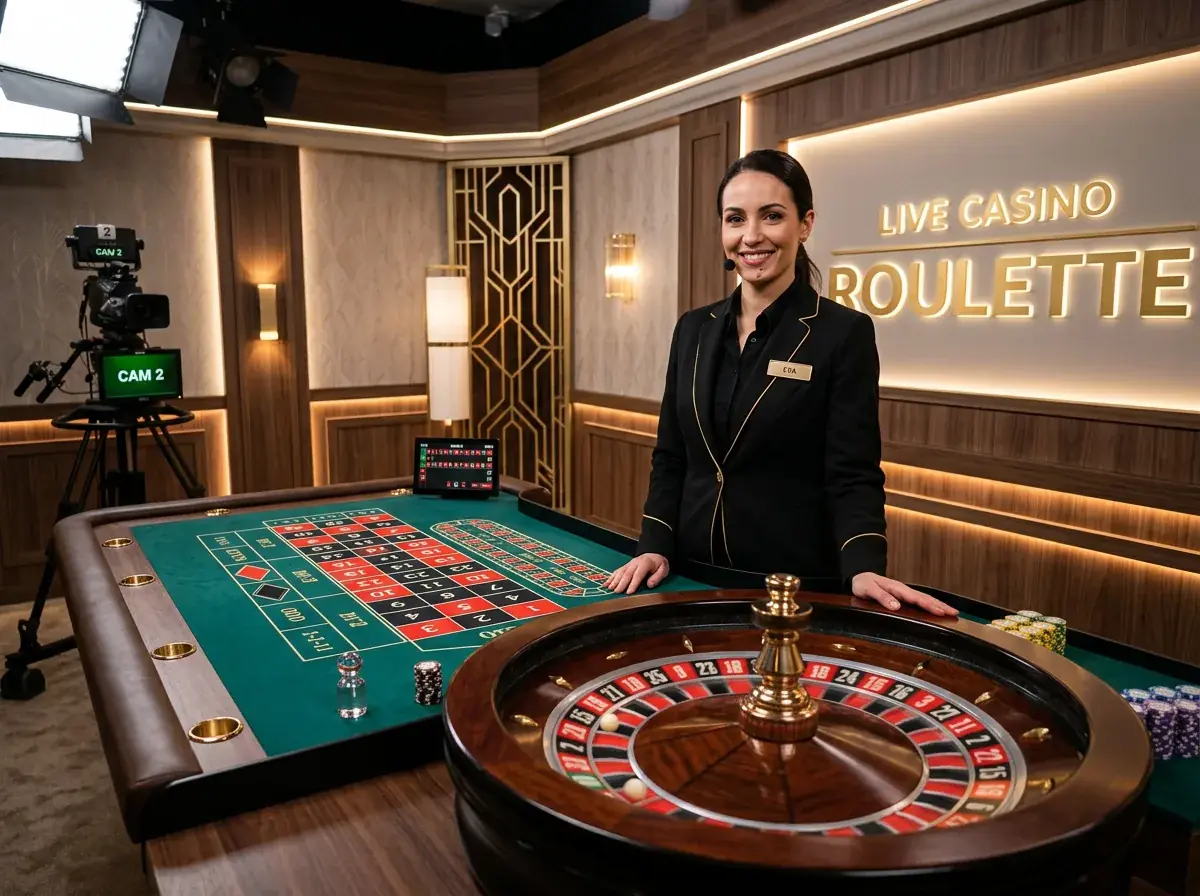 Live dealer vid roulettebord i professionell studiomiljö