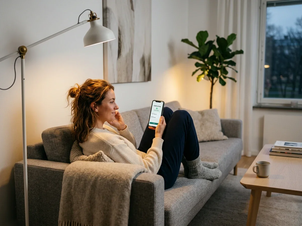 Person i soffan gör snabb mobilbetalning på casino