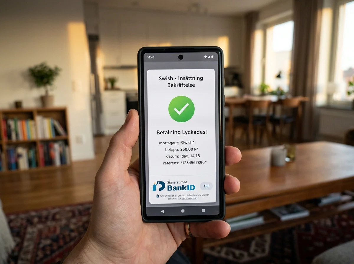 Bekräftelse av Swish-insättning via BankID på mobilskärm